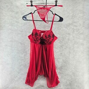 Inner‎ Secrets Red Lace Trim Babydoll Chemise w/ Matching GString Panty Sz Large